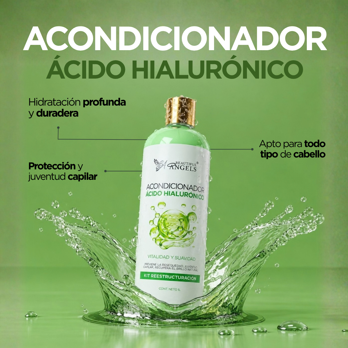 Acondicionador Hidratante con Ácido Hialurónico Beautiful Angels: Hidratación Profunda y Duradera, Brillo y Sedosidad Extrema, Protección y Juventud Capilar,  Cuidado Completo para Todo Tipo de Cabello