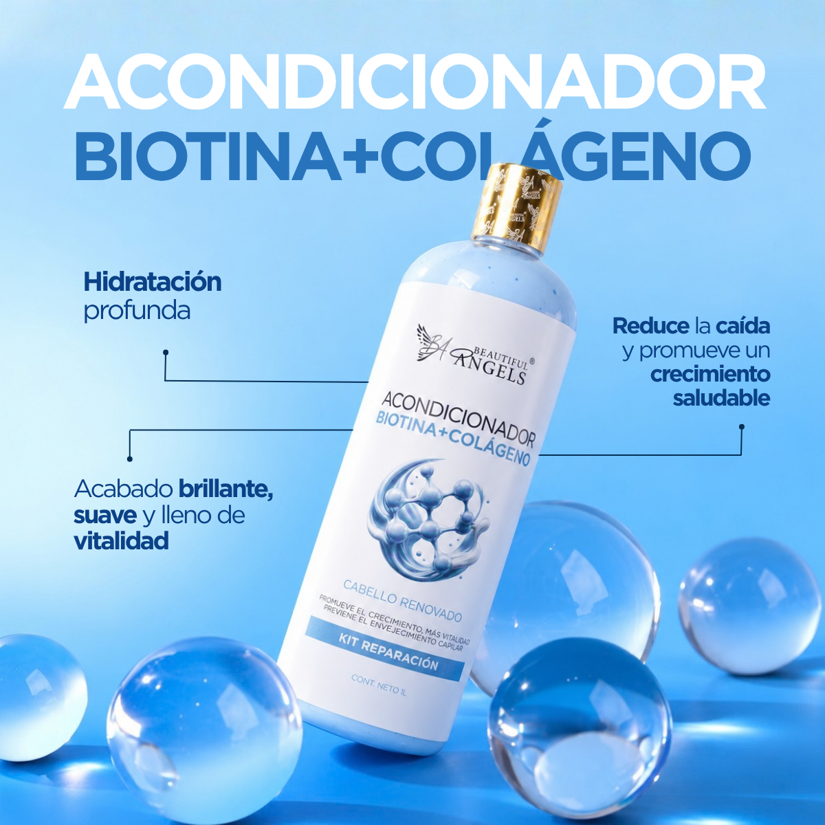 Acondicionador Biotina y Colágeno Beautiful Angels: Reestructura, Fortalece y Aporta Brillo, Ideal para Cabellos Dañados o Tratados, Mantiene Juventud, Fuerza y Vitalidad en Cada Lavado, Cabello más Fuerte y con Volumen