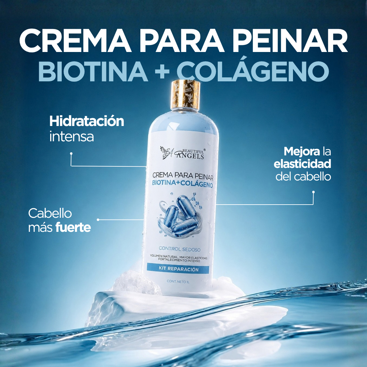 Crema Capilar Biotina + Colágeno Beautiful Angels: Fortalecimiento y Volumen para Cabello Fino, con Elasticidad, Cuerpo y Brillo Natural