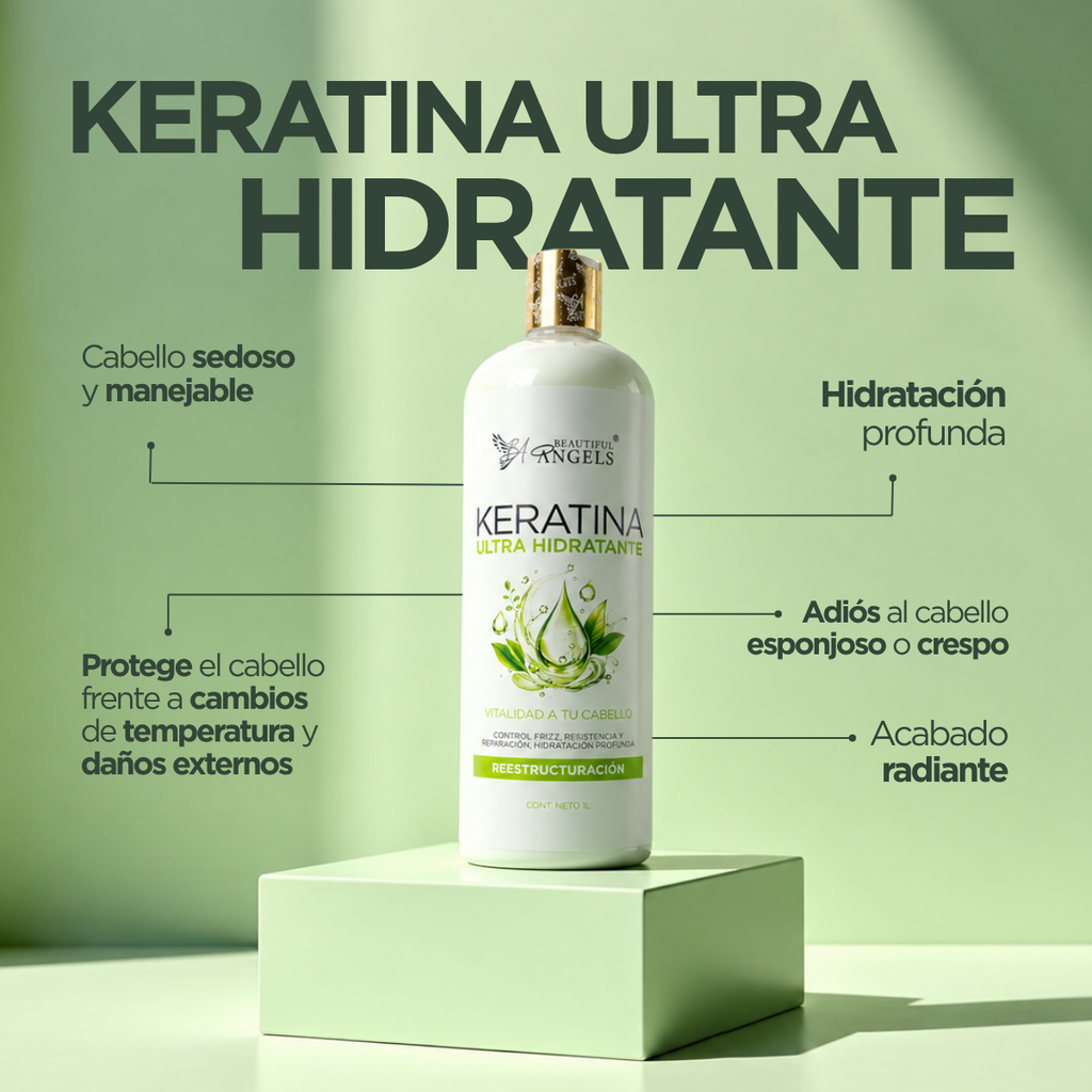 Keratina Ultra Hidratante Beautiful Angels:  Nutrición profunda para cabello extremadamente seco, con reparación desde el interior que combate el frizz y deja cada hebra sedosa y manejable.