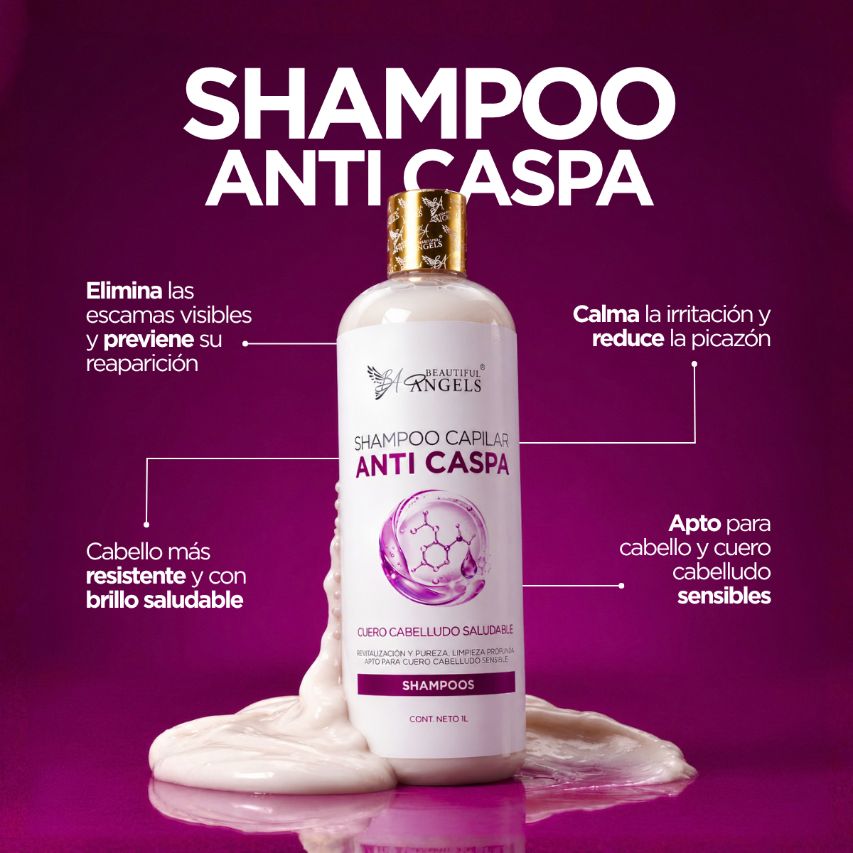 Shampoo Anti-Caspa Beautiful Angels: Fórmula que Elimina las Escamas Visibles, con un Cuidado Suave para Cuero Cabelludo Sensible