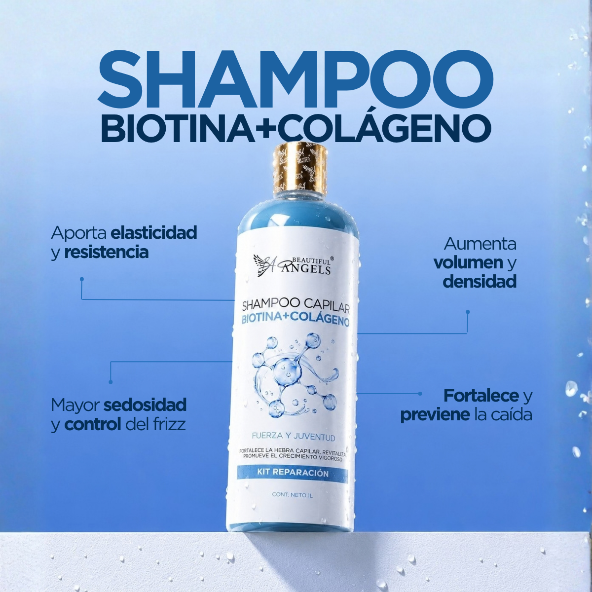 Shampoo Colágeno y Biotina Beautiful Angels: Fortalece la Fibra Capilar, Aumenta Volumen y Densidad, Cabello más Grueso y Resistente