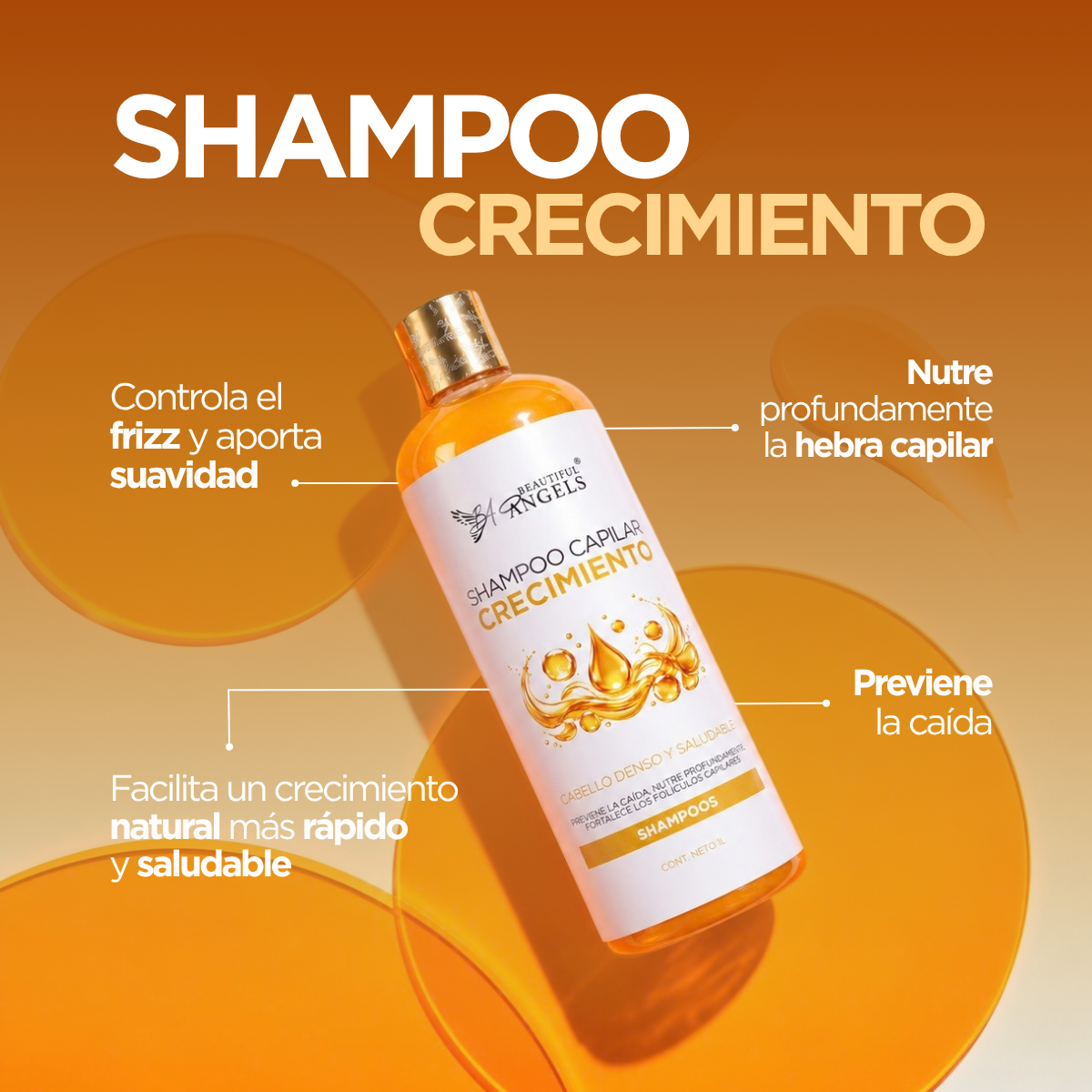 Shampoo Crecimiento Beautiful Angels: Estimula el Crecimiento Capilar, Fortalece desde la Raíz y Nutre a Profundidad, Previene la Caída