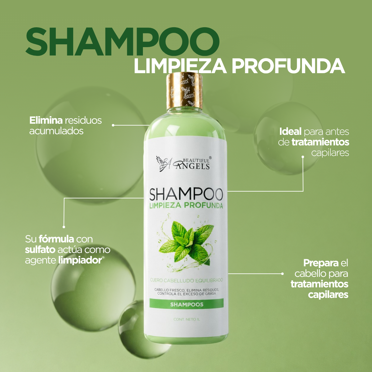 Shampoo Limpieza Profunda Beautiful Angels: Ideal antes de Keratinas y Reestructuraciones, Espuma Rica y Cremosa que Limpia sin Resecar, Cuero Cabelludo Limpio y Equilibrado, Elimina Residuos Acumulados, Controla el Exceso de Grasa