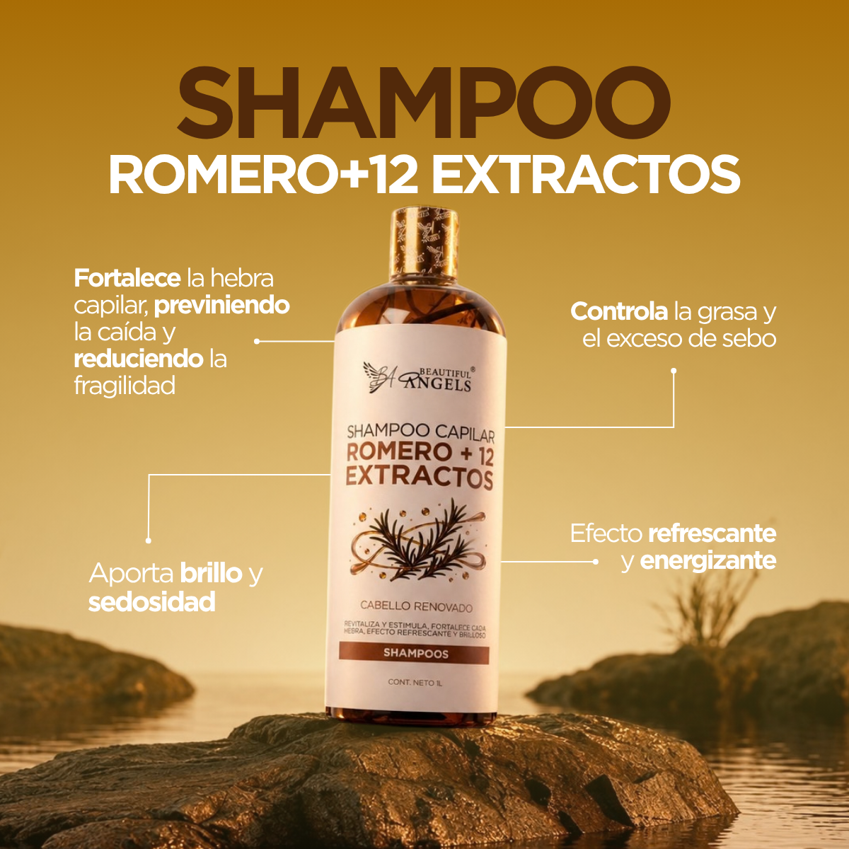 Shampoo Capilar Romero + 12 Extractos Beautiful Angels: Revitaliza y Estimula el Crecimiento, Fortalece y Reduce la Fragilidad ,Aporta Brillo y Sedosidad