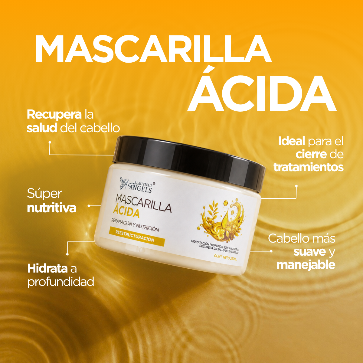 Mascarilla Ácida Beautiful Angels: Nutrición Profunda que Fortalece Cada Hebra desde la Raíz hasta las Puntas, Cierra las Puntas Fracturadas, Devuelve Elasticidad y Deja un Cabello más Suave, Manejable