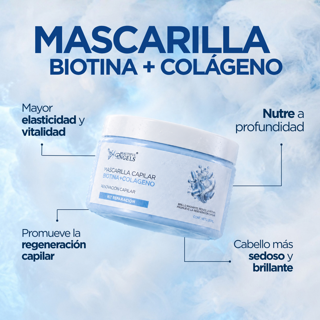Mascarilla Capilar Biotina y Colágeno Beautiful Angels: Nutre Profundamente, Fortalece las Fibras desde la Raíz hasta las Puntas, Proporciona Elasticidad y Vitalidad y Reduce la Rotura y las Puntas Abiertas para un Cabello más Resistente y Duradero