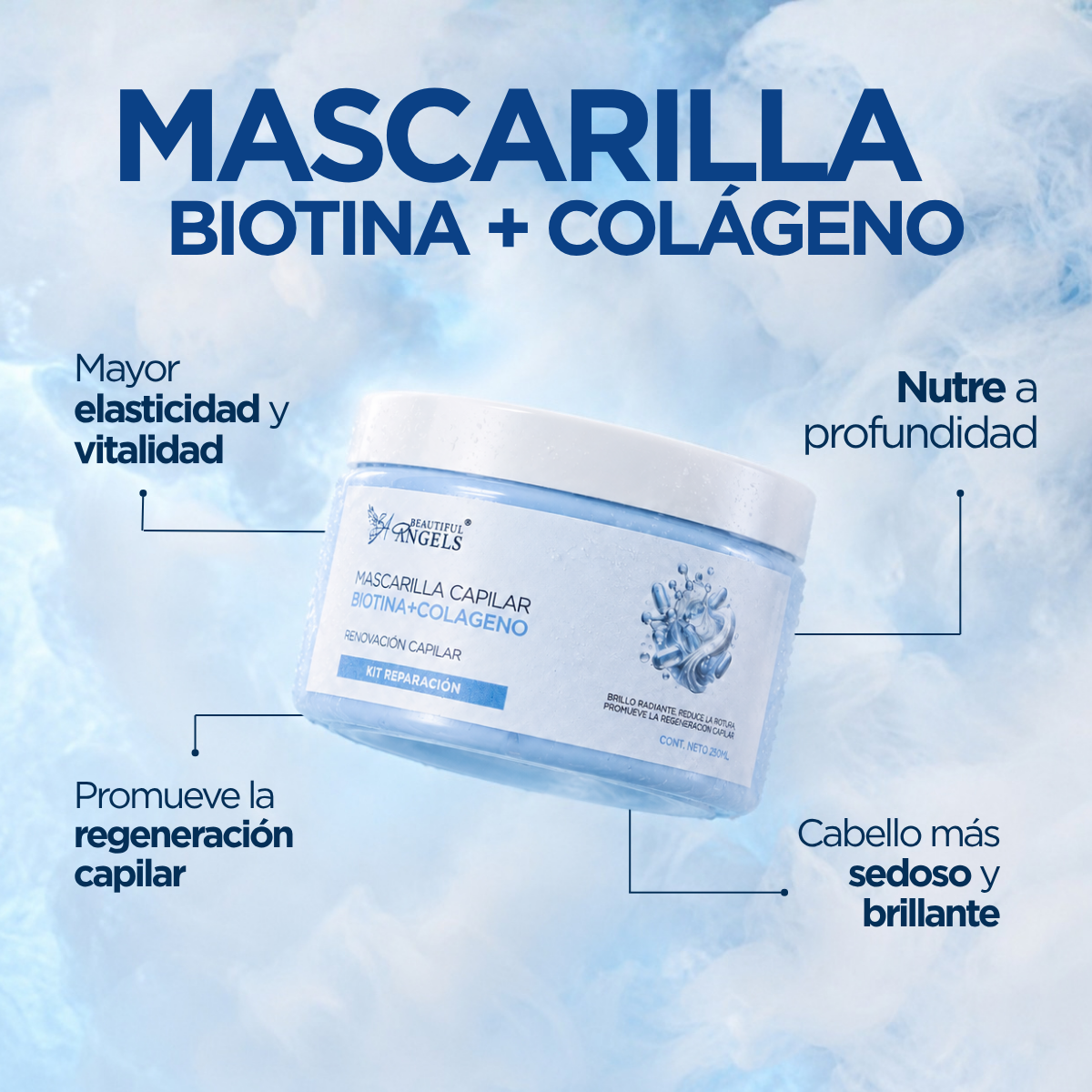 Mascarilla Capilar Biotina y Colágeno Beautiful Angels: Nutre Profundamente, Fortalece las Fibras desde la Raíz hasta las Puntas, Proporciona Elasticidad y Vitalidad y Reduce la Rotura y las Puntas Abiertas para un Cabello más Resistente y Duradero