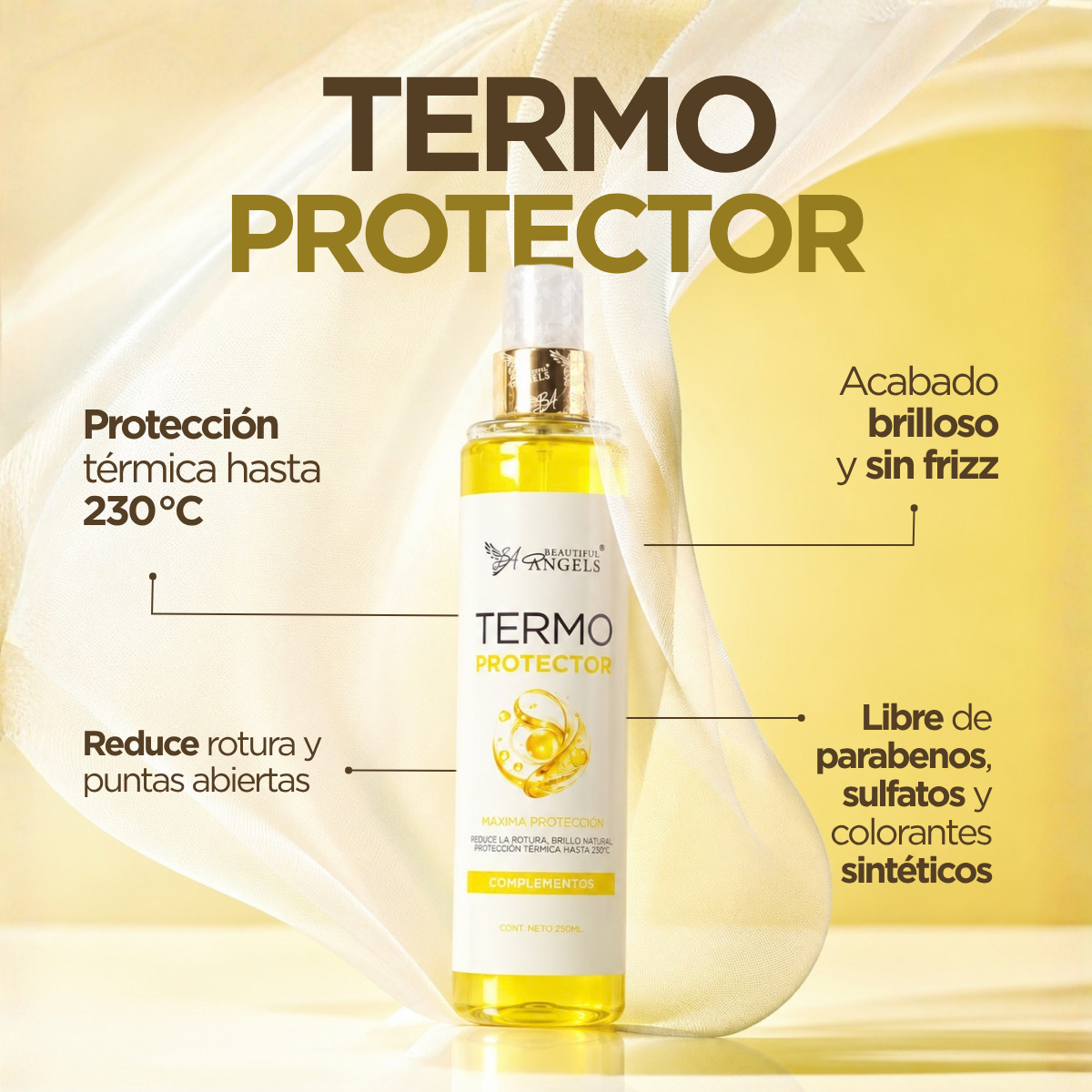 Termo Protector 250ml para el Cabello Beautiful Angels: Protección Térmica hasta 230 °C, Enriquecido con Aceites Vegetales, Proteínas para Aportar Brillo Controlar el Frizz