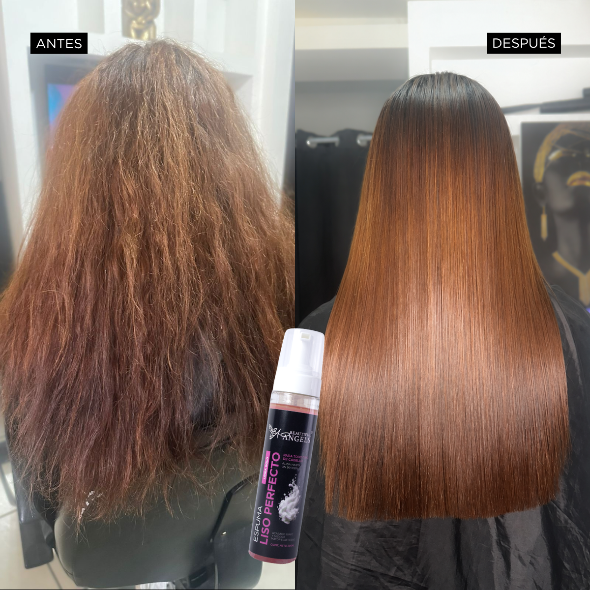 Kit Básico Espuma Liso Perfecto Gold Beautiful Angels 500ml — Alisado con Ácido Hialurónico, Hidrata y Fortalece, Cabello Liso, Suave y Nutrido con Brillo Duradero