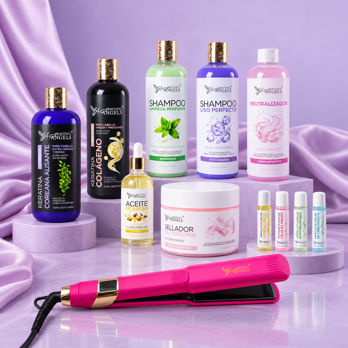 Kit Dúo Profesional Gold Beautiful Angels 500ml: Keratina Colágeno Procesado y Virgen + Keratina Coreana Extra Grueso y Denso — Alisado que Nutre, Protege, Aporta Brillo Intenso Para un Cabello Suave y Sedoso