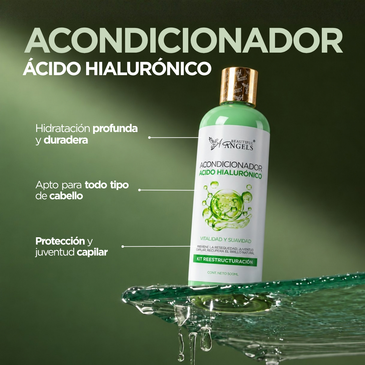 Acondicionador Hidratante con Ácido Hialurónico Beautiful Angels: Hidratación Profunda y Duradera, Brillo y Sedosidad Extrema, Protección y Juventud Capilar,  Cuidado Completo para Todo Tipo de Cabello