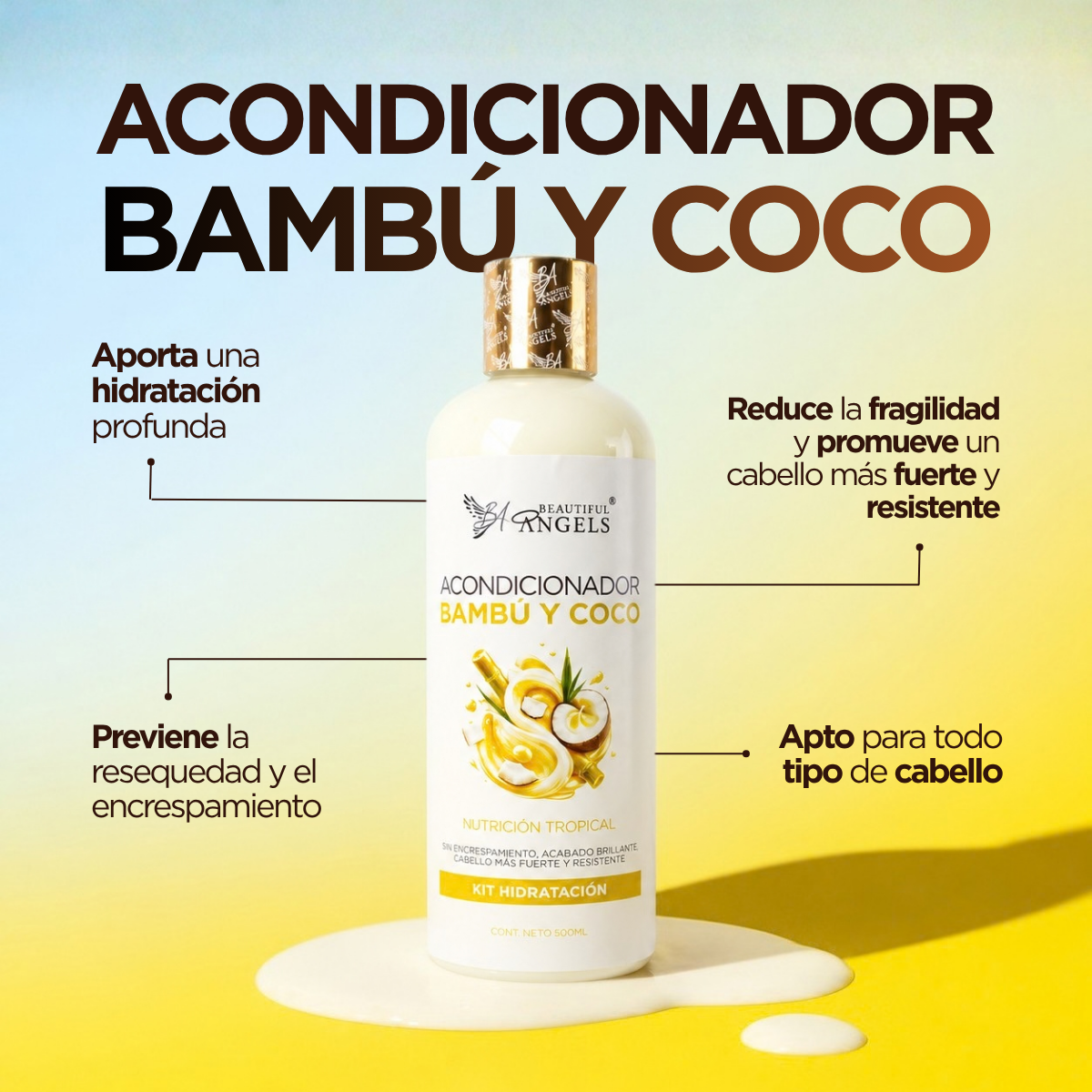 Acondicionador Bambú y Coco Beautiful Angels: Reparación Profunda e Hidratación para Cabello Seco o Dañado, Restaura la Fibra Capilar desde el Interior, Cabello Suave, Manejable