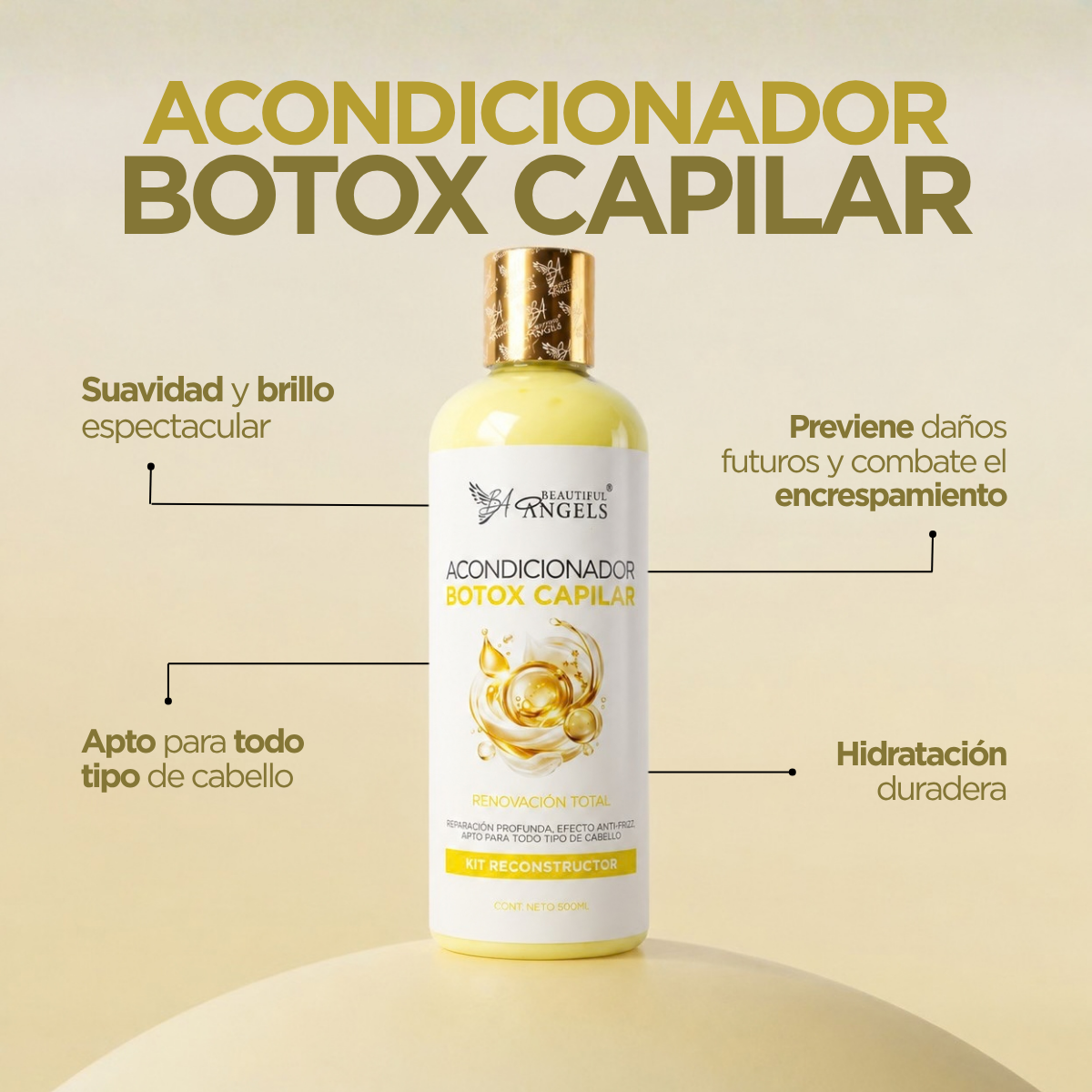 Acondicionador Botox Capilar Beautiful Angels: Repara y Suaviza la Fibra Capilar desde la Raíz hasta las Puntas, Devuelve Elasticidad, Brillo y Fuerza al Cabello Dañado, Acabado Sedoso con Efecto Restaurador