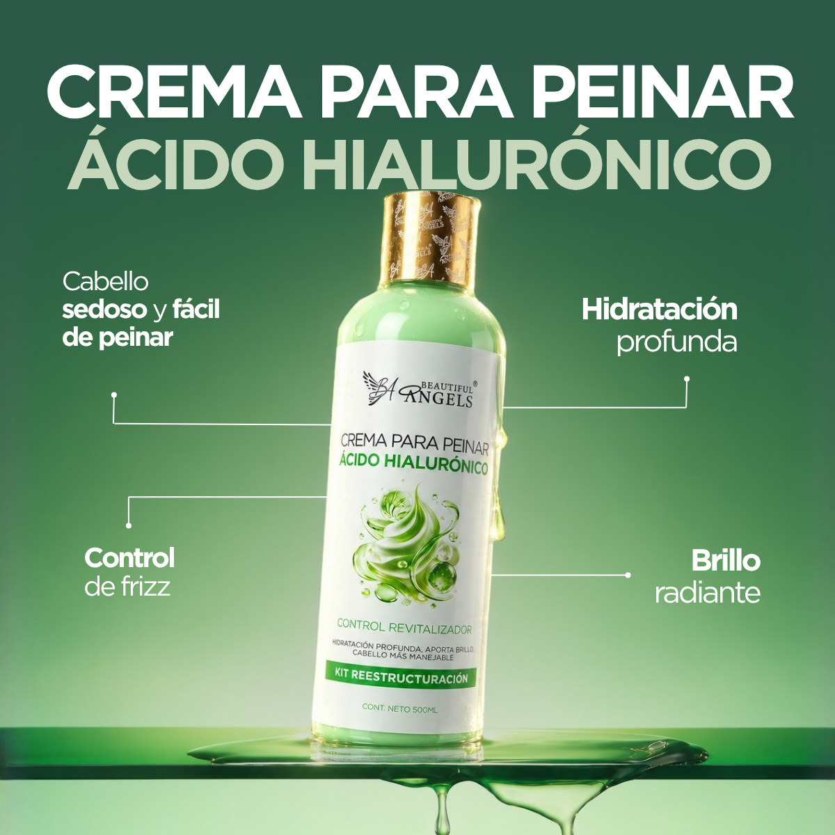 Crema para Peinar con Ácido Hialurónico Beautiful Angels: Ácido Hialurónico que Retiene la Humedad, Cabello Hidratado, Saludable y Fácil de Peinar, Acabado Ligero, Sedoso y con Brillo Natural