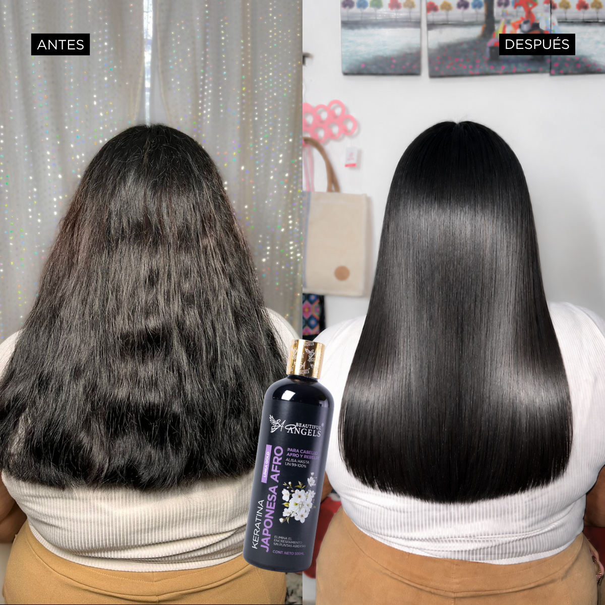 Kit Profesional Keratina Japonesa Afro Gold Beautiful Angels 500ml — Flexibiliza la Hebra desde el Núcleo, Brillo Intenso y Resistencia