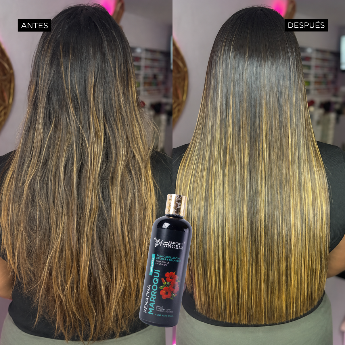 Kit Básico de Keratina Marroquí Gold 500ml, Beautiful Angels, para Cabello con Mechas y Balayage, Cabello Sedoso, Suave y Manejable, con Liso Natural y con Movimiento