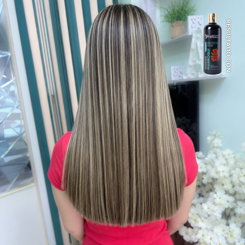 Kit Básico de Keratina Marroquí Gold 500ml, Beautiful Angels, para Cabello con Mechas y Balayage, Cabello Sedoso, Suave y Manejable, con Liso Natural y con Movimiento