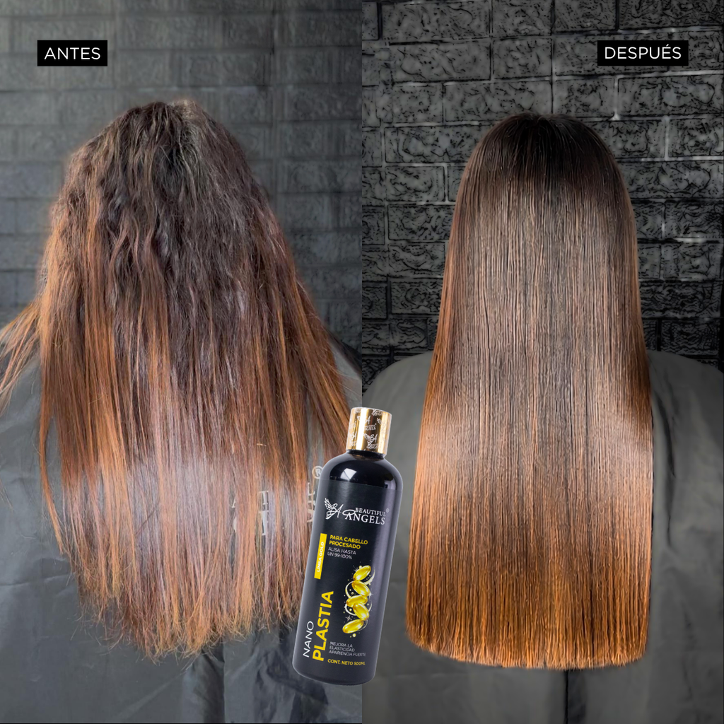 Kit Básico de Nanoplastia Gold 500 ml – Beautiful Angels, para Cabello Procesado y Decolorado, Fortalece la Hebra, y Deja un Cabello Controlado y Manejable y Deja un Acabado Brillante y Sedoso