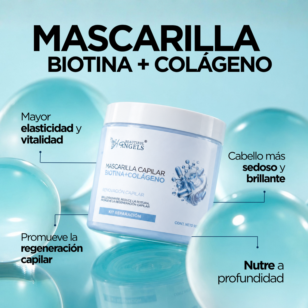 Mascarilla Capilar Biotina y Colágeno Beautiful Angels: Nutre Profundamente, Fortalece las Fibras desde la Raíz hasta las Puntas, Proporciona Elasticidad y Vitalidad y Reduce la Rotura y las Puntas Abiertas para un Cabello más Resistente y Duradero