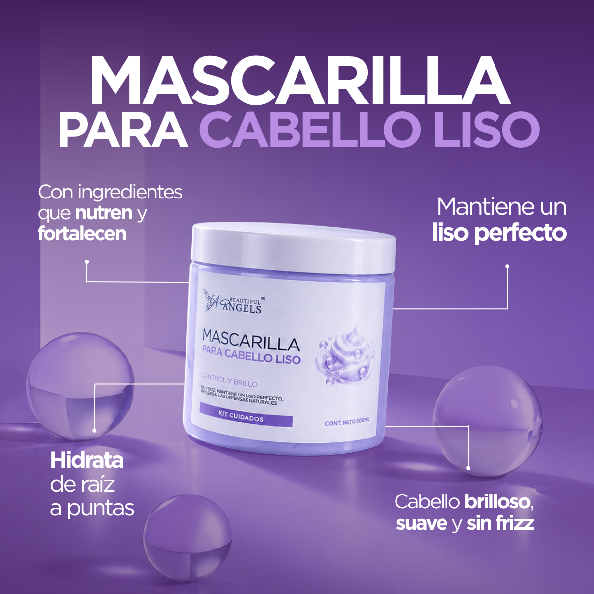 Mascarilla Para Cabello Liso Beautiful Angels: Prolonga el Brillo, Mantiene un Lacio Perfecto y Aporta un Acabado Luminoso y Saludable, Ideal para Cabello Liso o con Alisado Progresivo