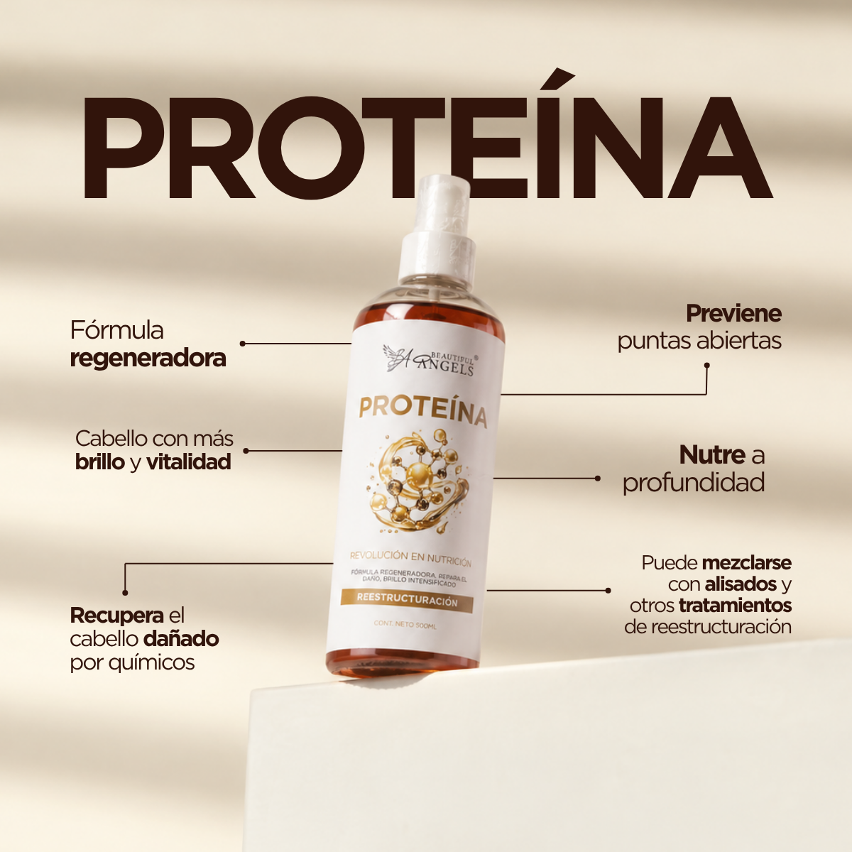 Proteína Beautiful Angels: Reparación intensiva con 80% de queratina pura, reconstruye la estructura del cabello, devuelve fuerza y elasticidad y recupera cabellos dañados por químicos.