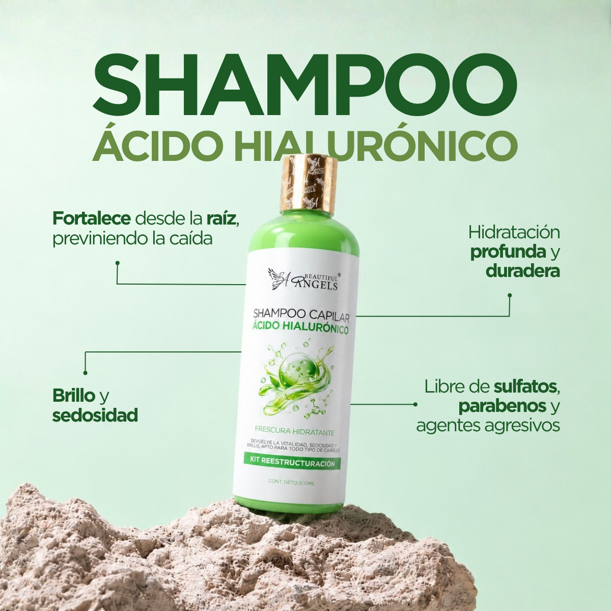 Shampoo con Ácido Hialurónico Beautiful Angels: Hidratación Profunda, Fortaleza desde la Raíz, Prevención de Caída y Cabello Lleno de Vida