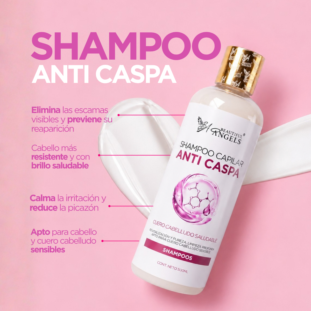 Shampoo Anti-Caspa Beautiful Angels: Fórmula que Elimina las Escamas Visibles, con un Cuidado Suave para Cuero Cabelludo Sensible