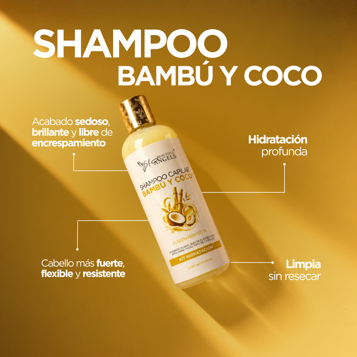 Shampoo Capilar Bambú y Coco Beautiful Angels: Fortalece he Hidrata para un cabello Fuerte, Sedoso y Lleno de Vida