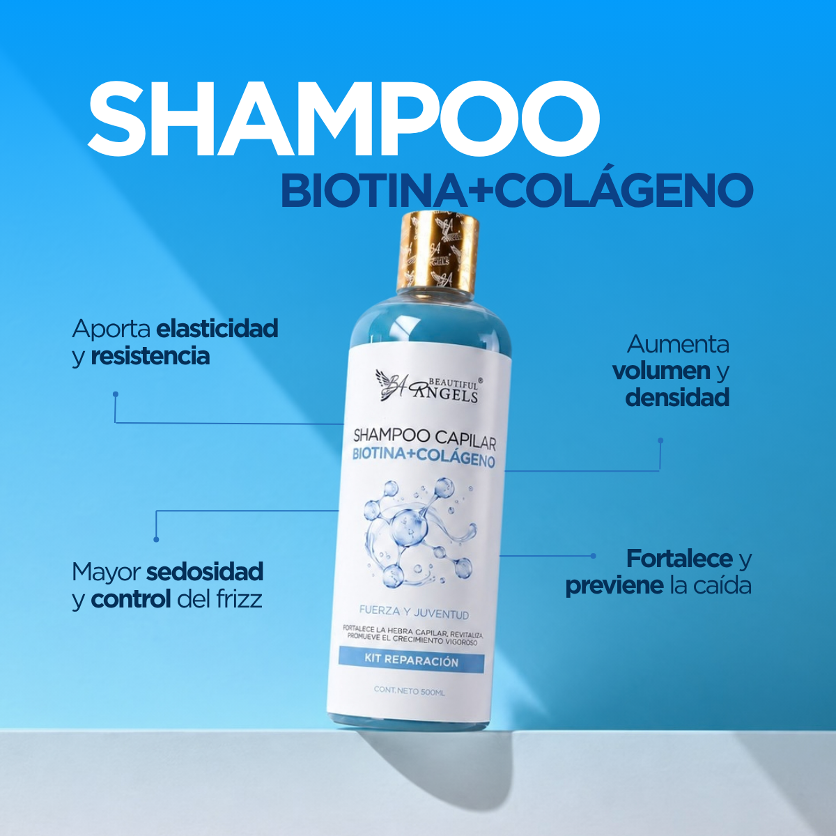 Shampoo Colágeno y Biotina Beautiful Angels: Fortalece la Fibra Capilar, Aumenta Volumen y Densidad, Cabello más Grueso y Resistente