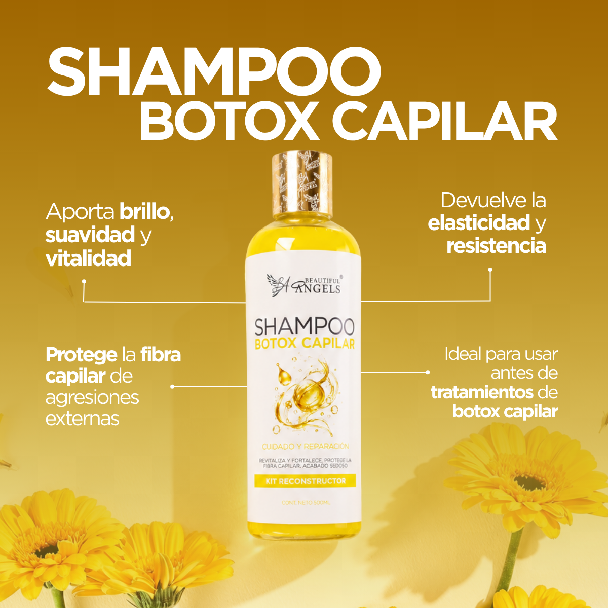 Shampoo Botox Capilar Beautiful Angels: Repara y Fortalece la Fibra Capilar, Controla el Frizz , Aporta Brillo y Vitalidad, Repara y Fortalece