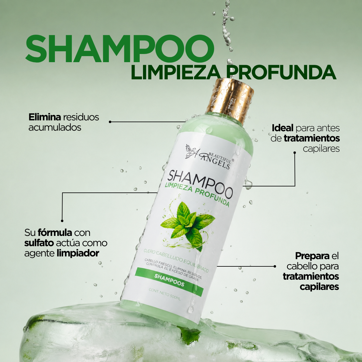 Shampoo Limpieza Profunda Beautiful Angels: Ideal antes de Keratinas y Reestructuraciones, Espuma Rica y Cremosa que Limpia sin Resecar, Cuero Cabelludo Limpio y Equilibrado, Elimina Residuos Acumulados, Controla el Exceso de Grasa