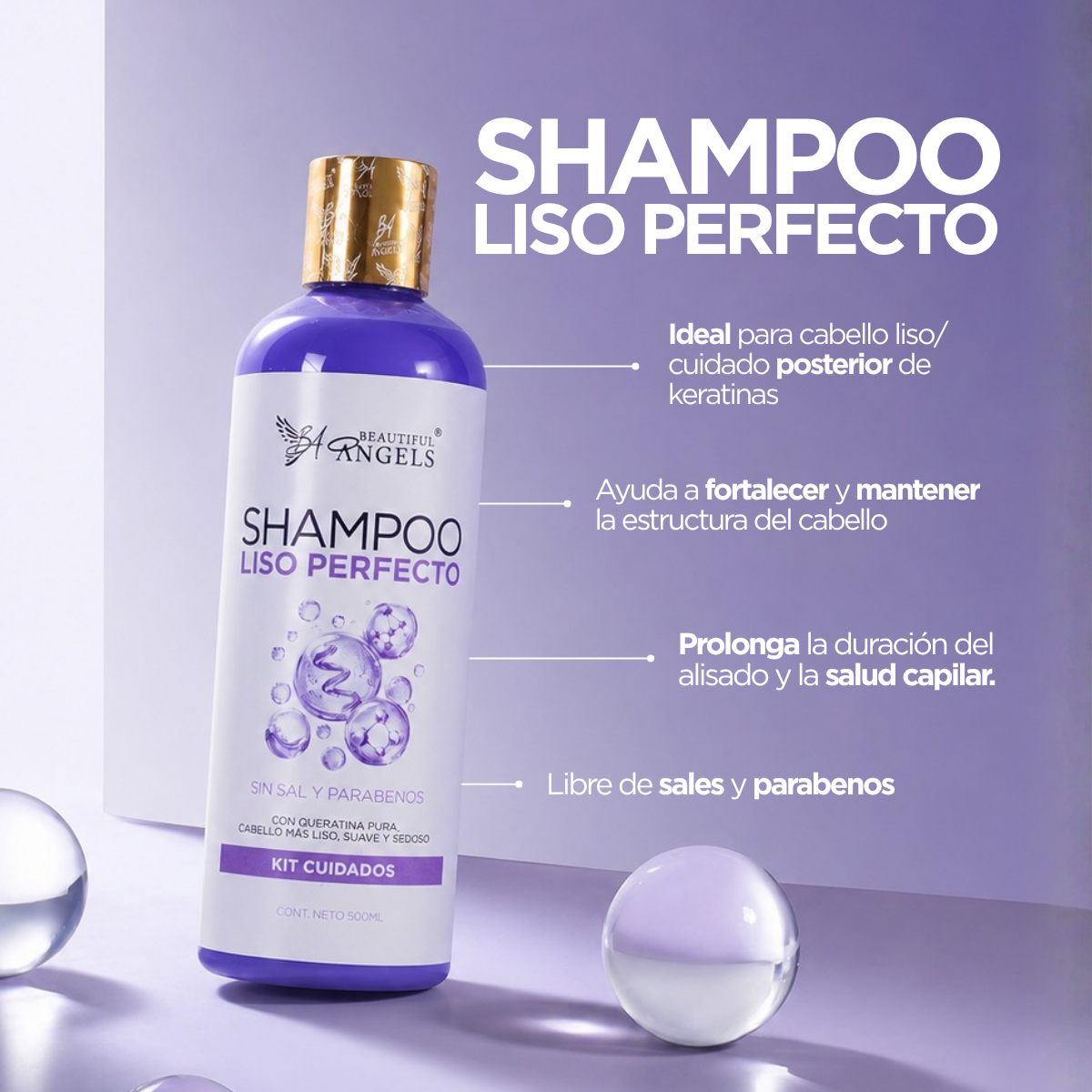 Shampoo Liso Perfecto Beautiful Angels: Ideal para el Cuidado Posterior de Keratinas, Cabello más Liso por más Tiempo, Fórmula Libre de Sales y Parabenos