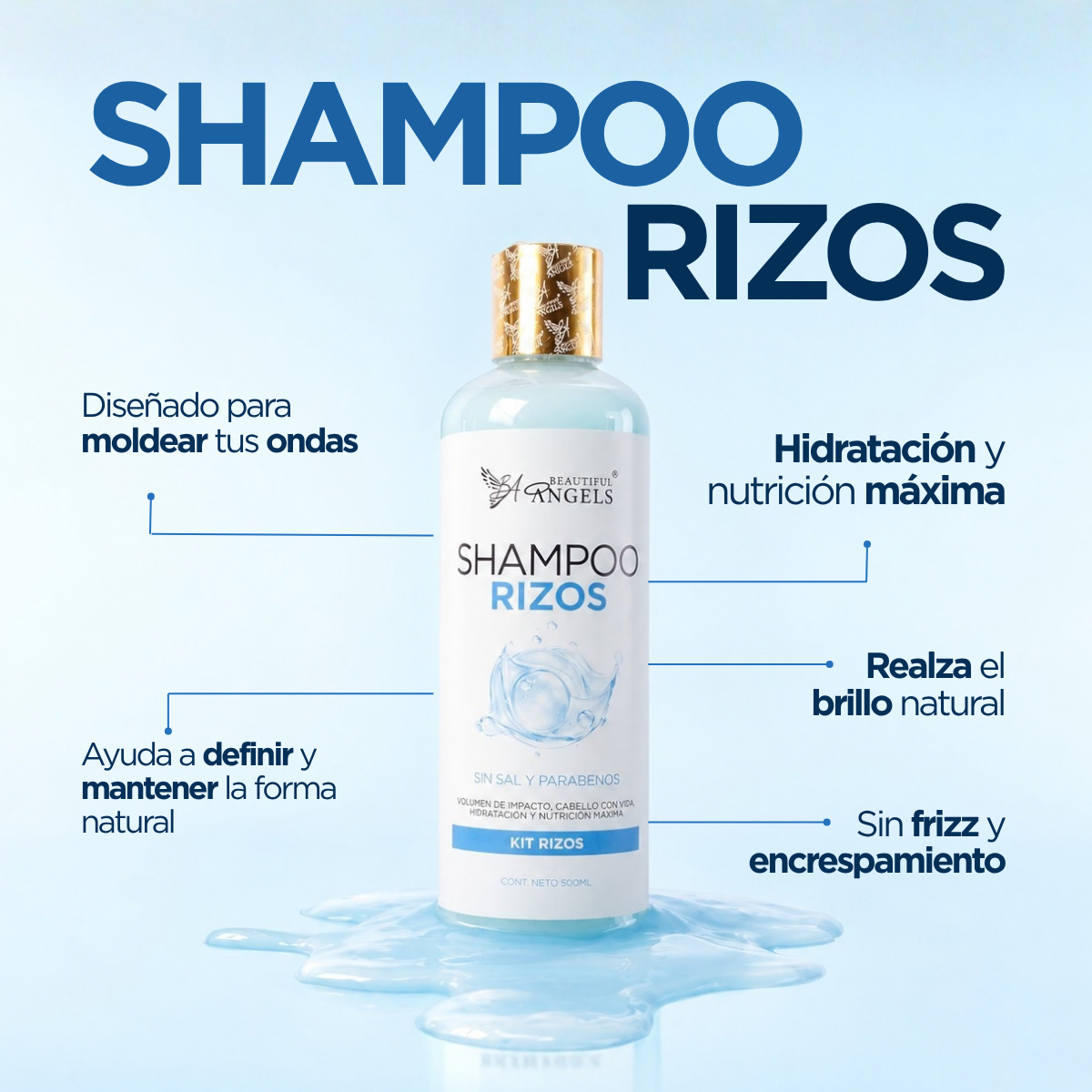Shampoo Rizos Beautiful Angels: Define y Realza la Forma Natural de tus Rizos, Controla el Encrespamiento, Aporta Elasticidad y Movimiento