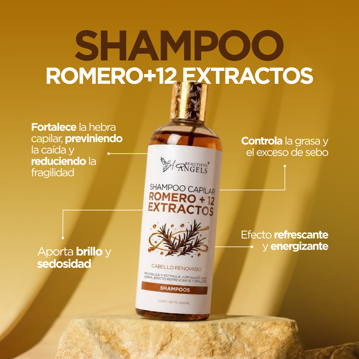 Shampoo Capilar Romero + 12 Extractos Beautiful Angels: Revitaliza y Estimula el Crecimiento, Fortalece y Reduce la Fragilidad ,Aporta Brillo y Sedosidad