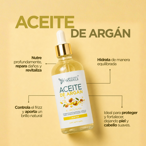 Aceite de Argán Puro 100ml Beautiful Angels: Reparación y Nutrición Profunda para Cabello, con Vitamina E y Antioxidantes que Hidratan, Controlan el Frizz y Aportan un Brillo Natural sin Dejar Residuos Grasos