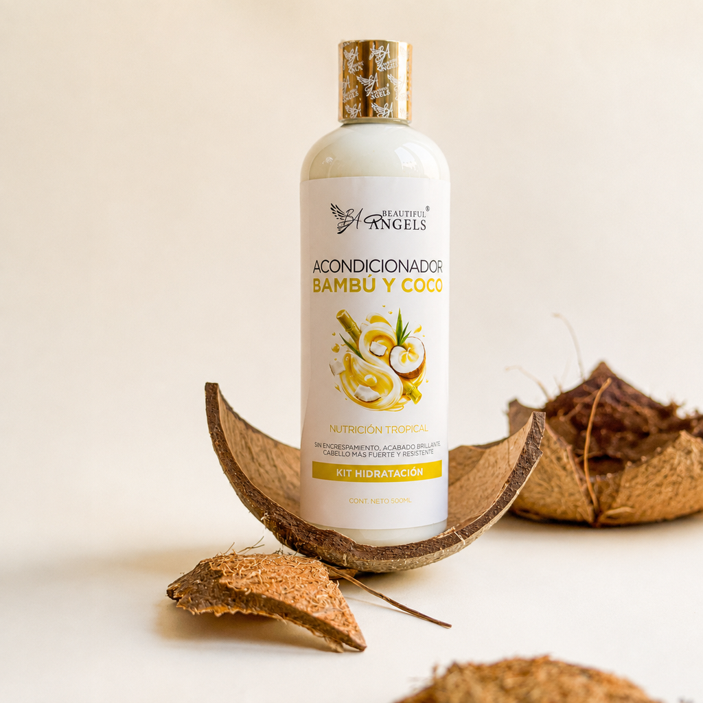 Acondicionador Bambú y Coco Beautiful Angels: Reparación Profunda e Hidratación para Cabello Seco o Dañado, Restaura la Fibra Capilar desde el Interior, Cabello Suave, Manejable