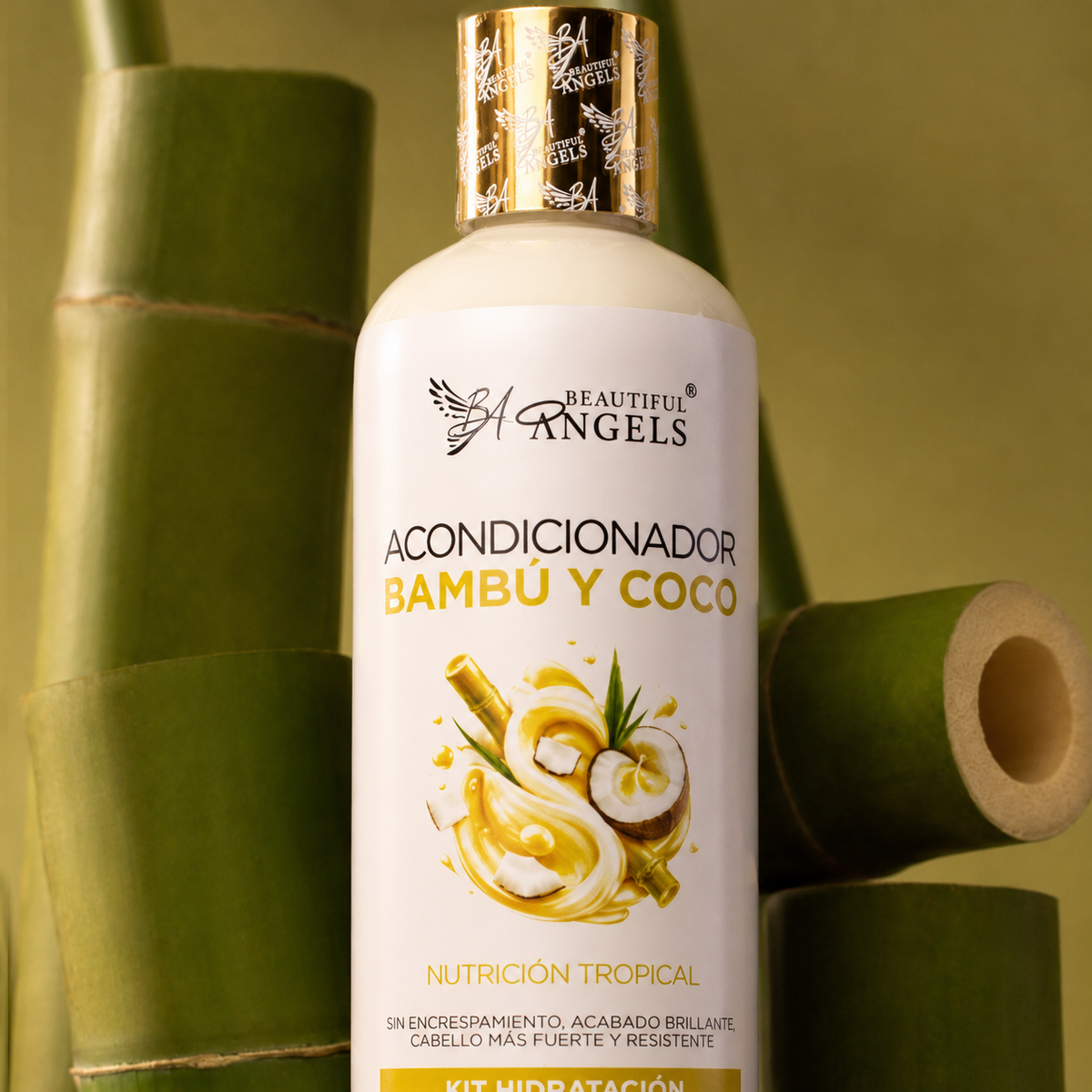 Acondicionador Bambú y Coco Beautiful Angels: Reparación Profunda e Hidratación para Cabello Seco o Dañado, Restaura la Fibra Capilar desde el Interior, Cabello Suave, Manejable