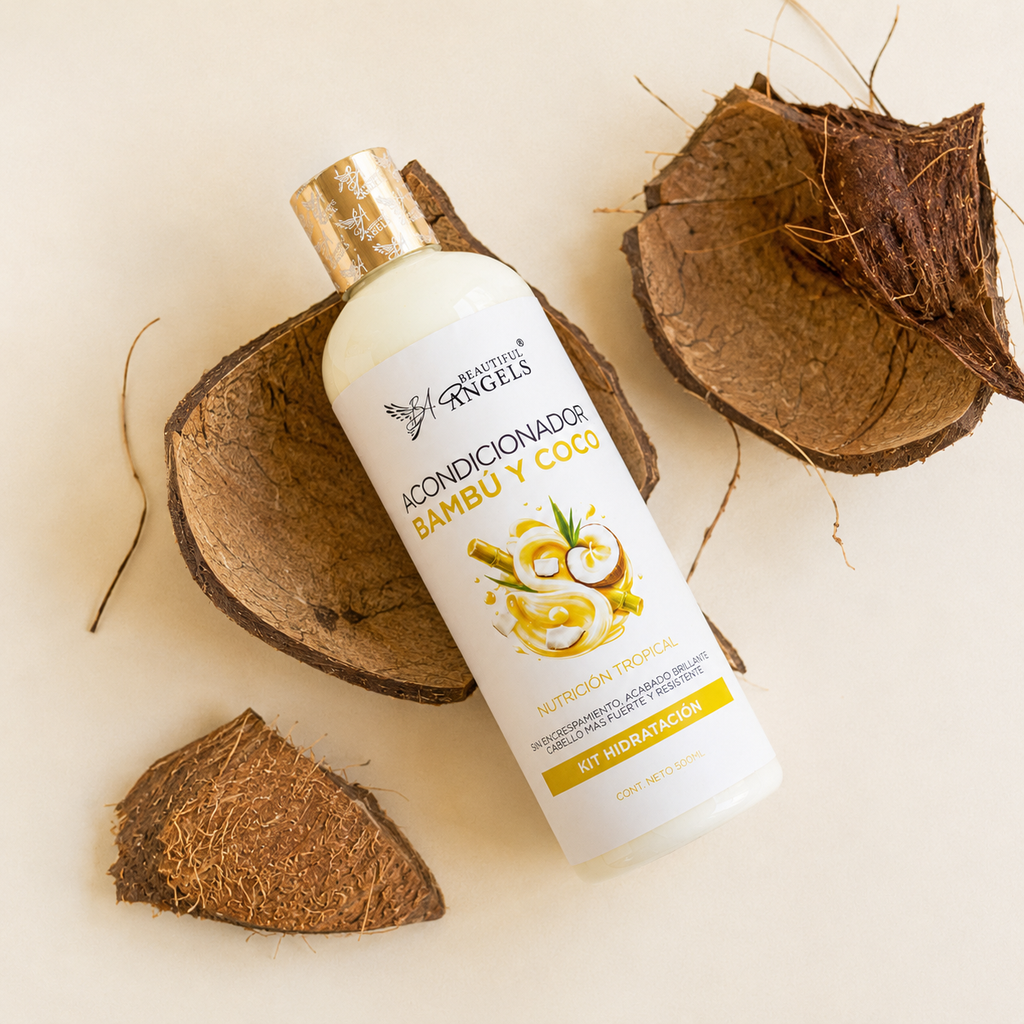 Acondicionador Bambú y Coco Beautiful Angels: Reparación Profunda e Hidratación para Cabello Seco o Dañado, Restaura la Fibra Capilar desde el Interior, Cabello Suave, Manejable
