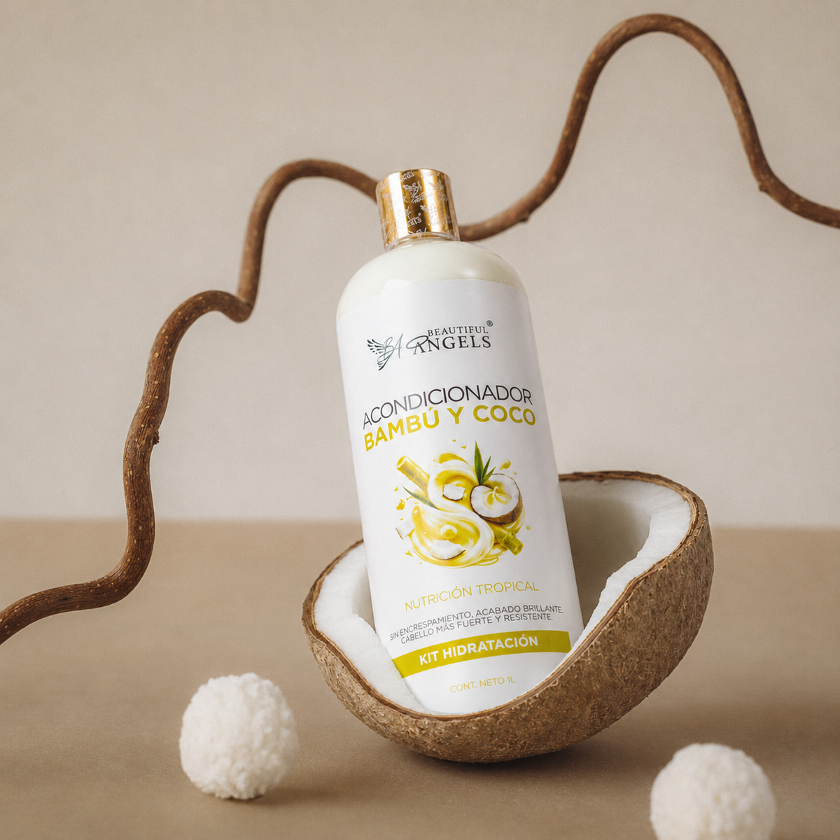 Acondicionador Bambú y Coco Beautiful Angels: Reparación Profunda e Hidratación para Cabello Seco o Dañado, Restaura la Fibra Capilar desde el Interior, Cabello Suave, Manejable