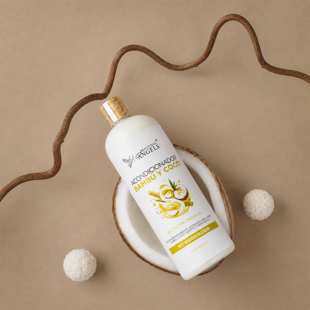 Acondicionador Bambú y Coco Beautiful Angels: Reparación Profunda e Hidratación para Cabello Seco o Dañado, Restaura la Fibra Capilar desde el Interior, Cabello Suave, Manejable