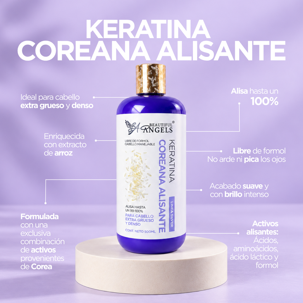 Keratina Coreana Silver Beautiful Angels 1L Alisado Coreano Premium para cabello Ultra Grueso, Rizado y Afro