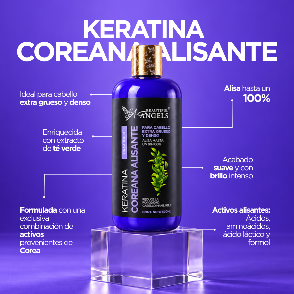 Keratina Coreana Gold Beautiful Angels 1L Alisado Coreano Premium para cabello Ultra Grueso, Rizado y Afro