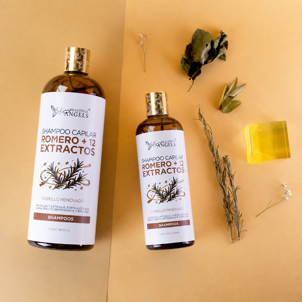 Shampoo Capilar Romero + 12 Extractos Beautiful Angels: Revitaliza y Estimula el Crecimiento, Fortalece y Reduce la Fragilidad ,Aporta Brillo y Sedosidad