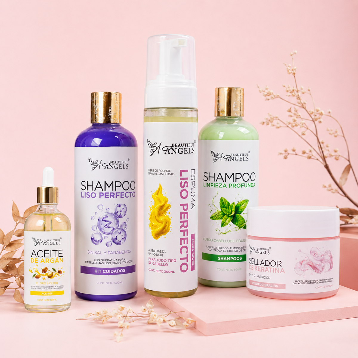 Kit  Espuma Liso Perfecto Silver  300ml + Shampoo Limpieza Profunda 500ml + Shampoo Liso Perfecto 500ml + Sellador de Keratina 250ml + Aceite de Argán 100ml