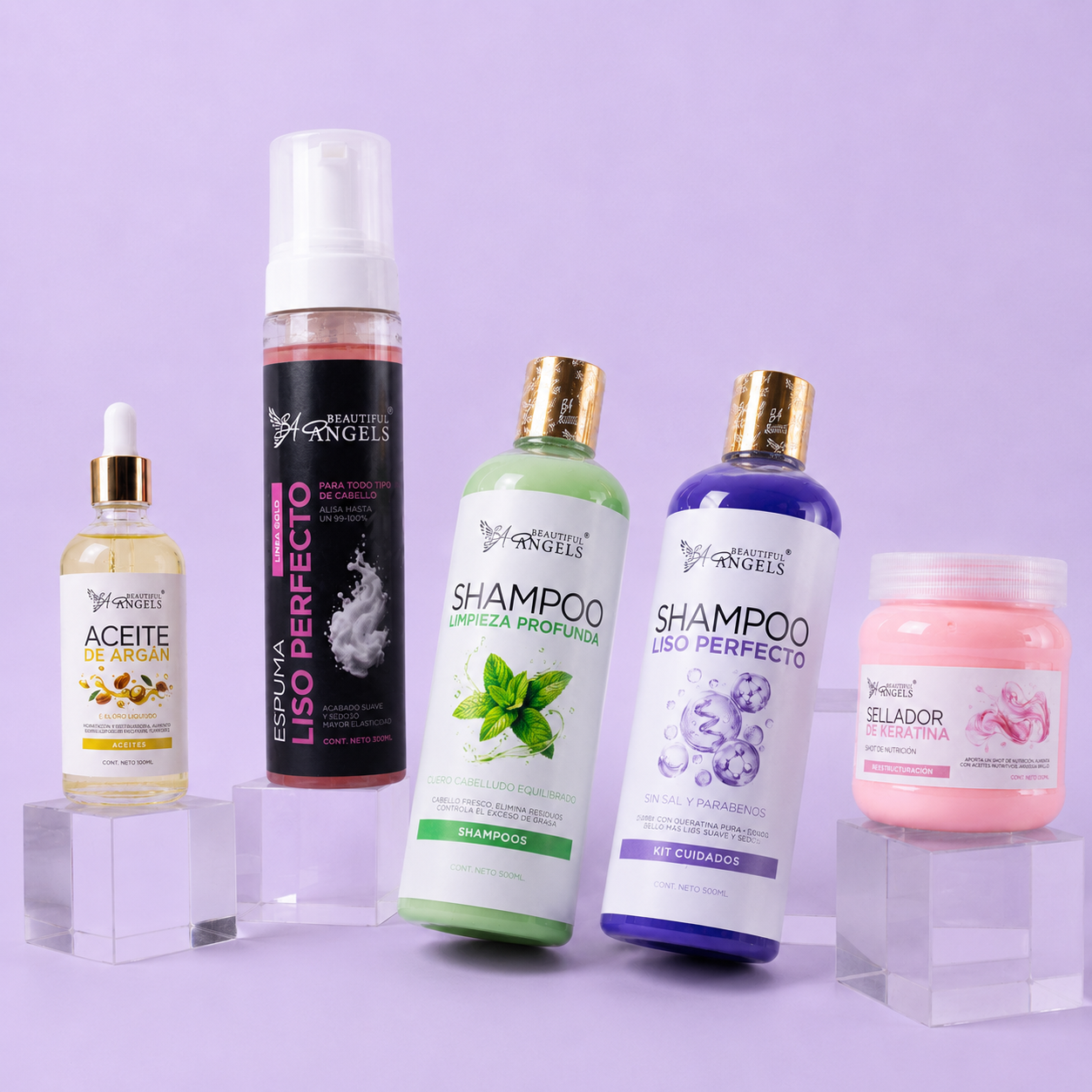 Kit Espuma Liso Perfecto Gold 300ML+ Shampoo Limpieza Profunda 500ML + Sellador de Keratina 250ML + Shampoo Liso Perfecto 500ML + Aceite de Argán 100ML