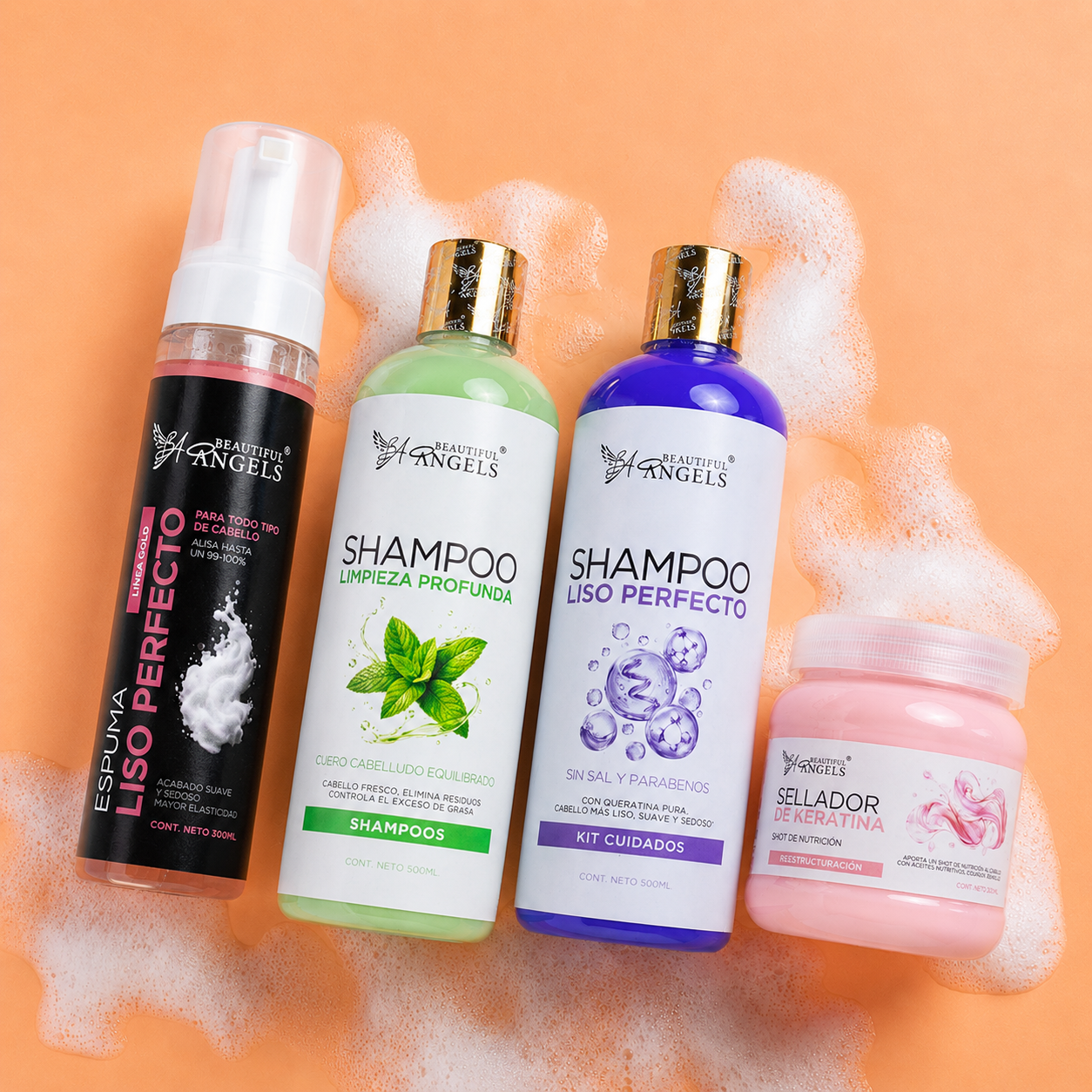 Kit Espuma Liso Perfecto Gold 300ML + Shampoo Liso Perfecto 500ML+ Shampoo Limpieza Profunda 500ML+ Sellador de Keratina 250ML