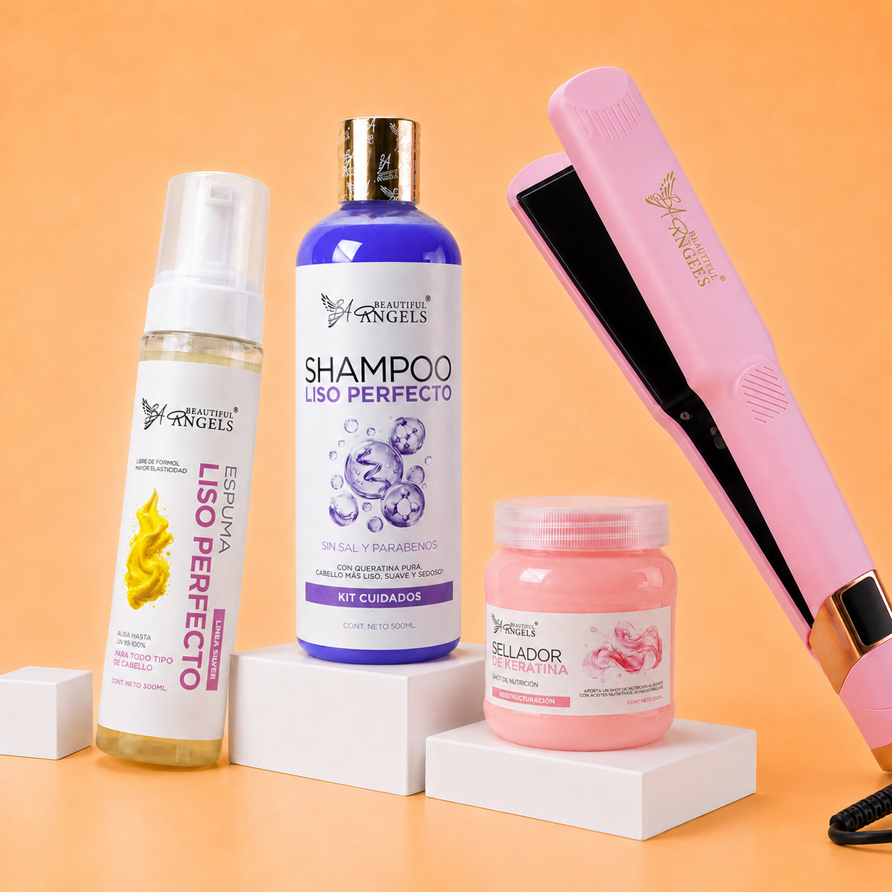 Kit Espuma Liso Perfecto Silver 300ml + Shampoo Liso Perfecto 500ml + Sellador de Keratina 250ml + Plancha Beautiful Angels