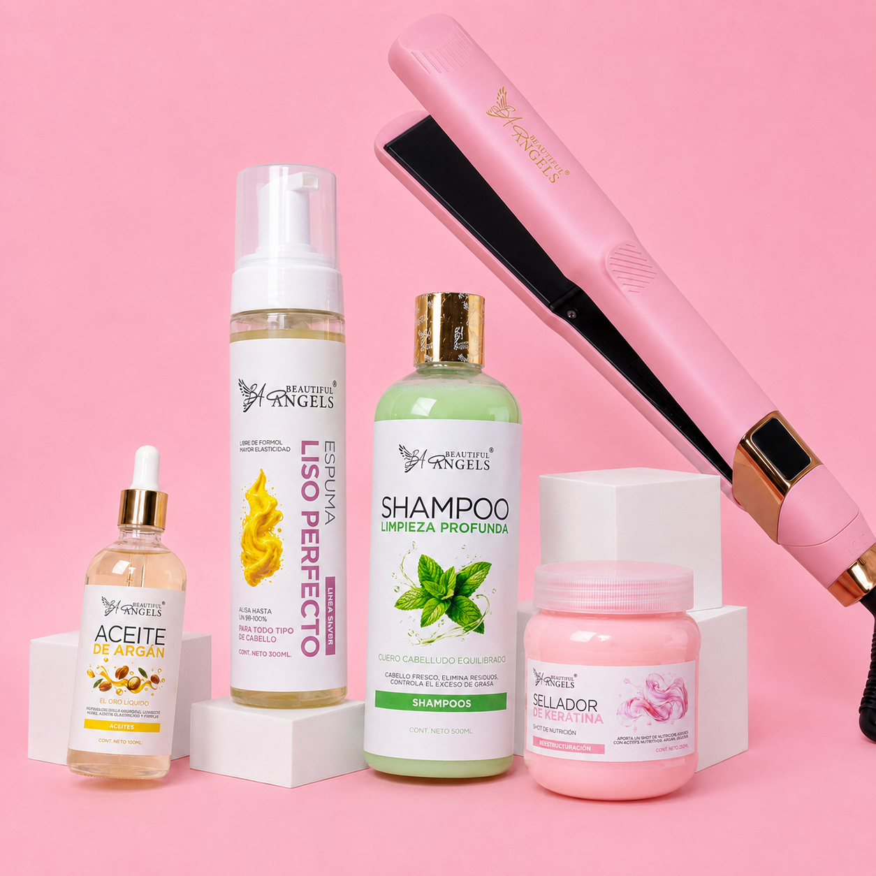 Kit Espuma Liso Perfecto Silver 300ml + Shampoo Limpieza Profunda 500ml + Sellador de Keratina 250ml + Aceite de Argán 100ml + Plancha Beautiful Angels