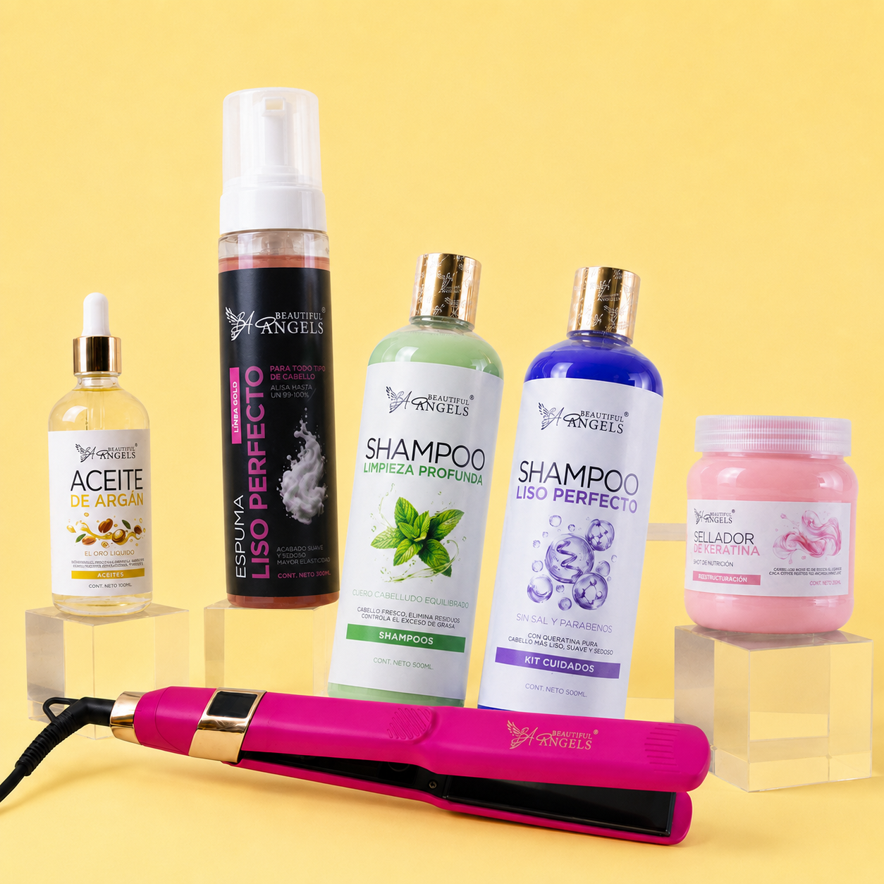 Kit Espuma Liso Perfecto Gold 300ml + Shampoo Limpieza 500ml + Shampoo Liso 500ml + Sellador de Keratina 250ml + Aceite de Argán 100ml + Plancha Beautiful Angels